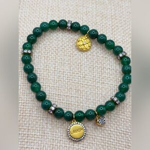 New Never worn Freida Rothman stretch Green Beaded Bracelet with Gold LAUGH